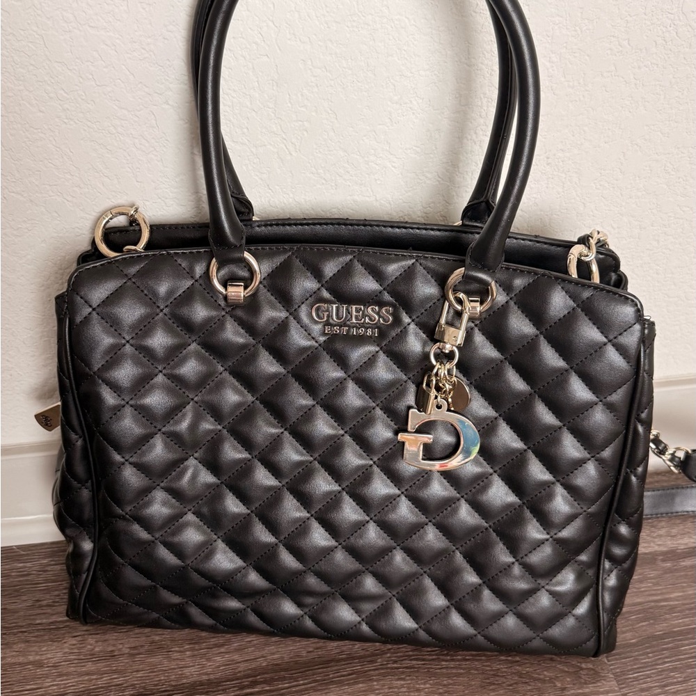 GUESS Black Quilted Satchel with Charm Accent